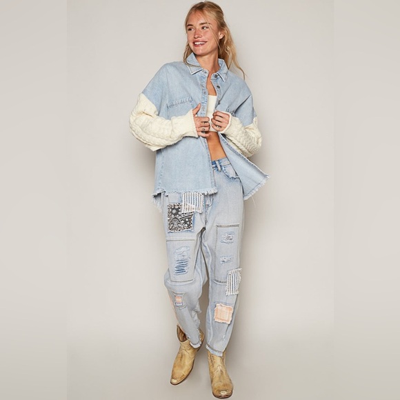 POL Denim & Cable Knit Button Down Shacket - Picture 5 of 9